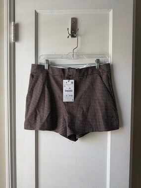 Zara Brown Plaid Women's Shorts - Stylish High-Rise Everyday Option